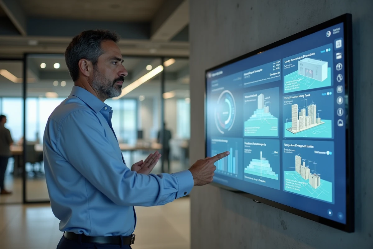 Responsable de gestion multi-sites consultant un tableau de bord de bâtiments sur écran tactile dans un bureau moderne
