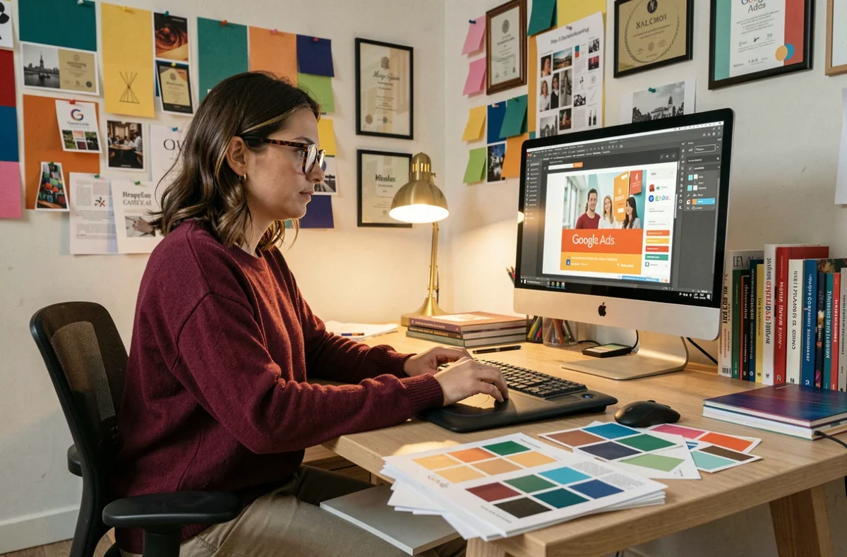 Graphiste de l'agence GraphicStyle concevant des visuels pour une campagne Google Ads dans un studio créatif coloré