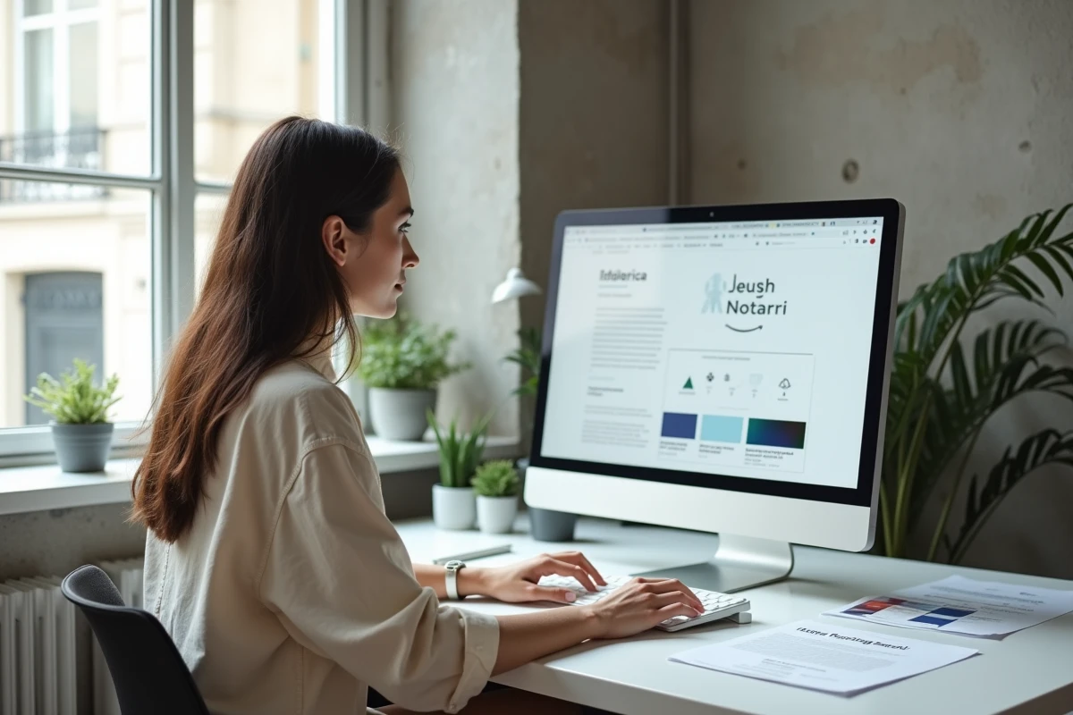 Graphiste travaillant sur la personnalisation du logo notarial sur ordinateur dans un espace de travail moderne avec charte graphique affichée