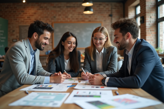 Groupe de quatre personnes en réunion dans un espace de coworking