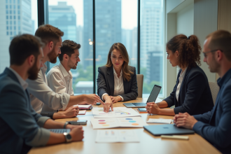 Groupe de collègues en réunion dans un bureau moderne