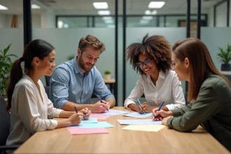 Groupe de professionnels discutant autour d'une table de travail