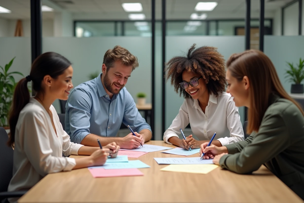 Groupe de professionnels discutant autour d'une table de travail