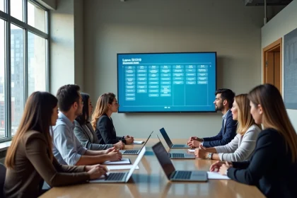 Groupe de coll&egrave;gues au bureau autour d'un calendrier digital