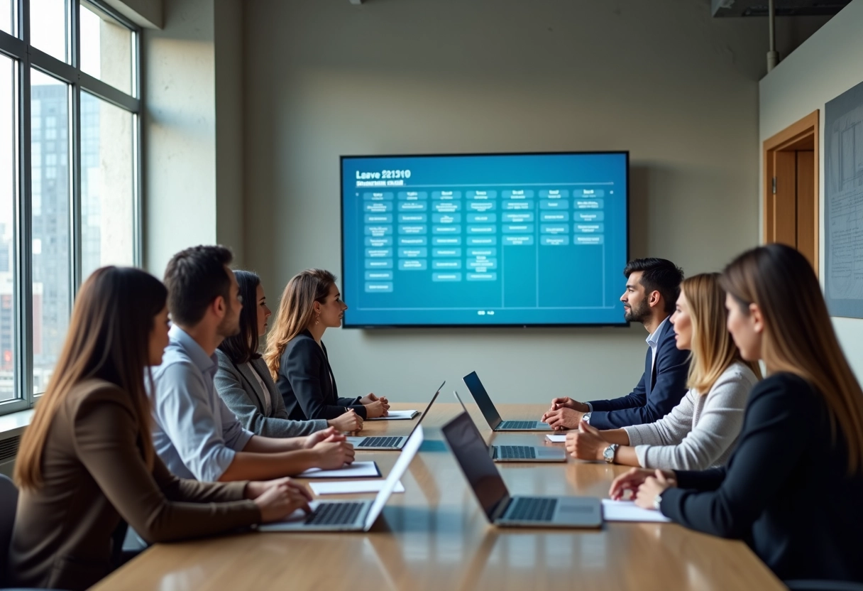 Groupe de collègues au bureau autour d'un calendrier digital