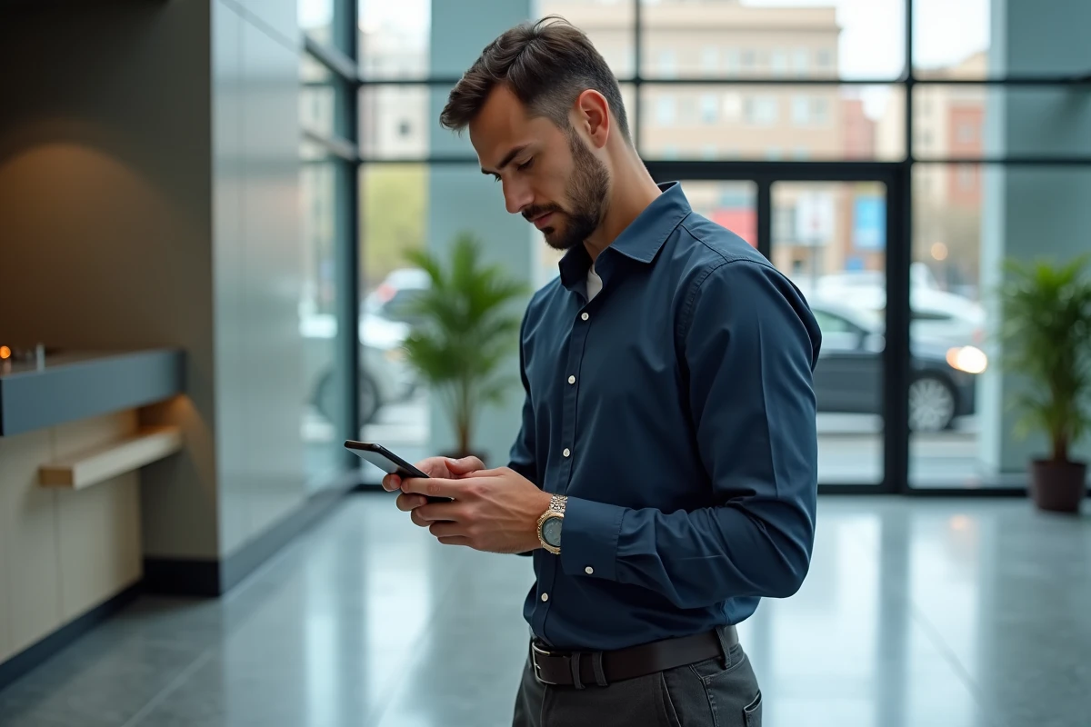 Homme d'affaires accédant à ses documents RH via une application mobile dans un hall d'immeuble