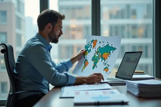 Homme d'affaires étudiant une carte économique colorée