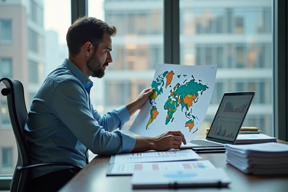 Homme d'affaires étudiant une carte économique colorée