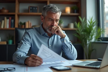 Homme d'affaires r&eacute;fl&eacute;chi dans un bureau moderne avec documents financiers