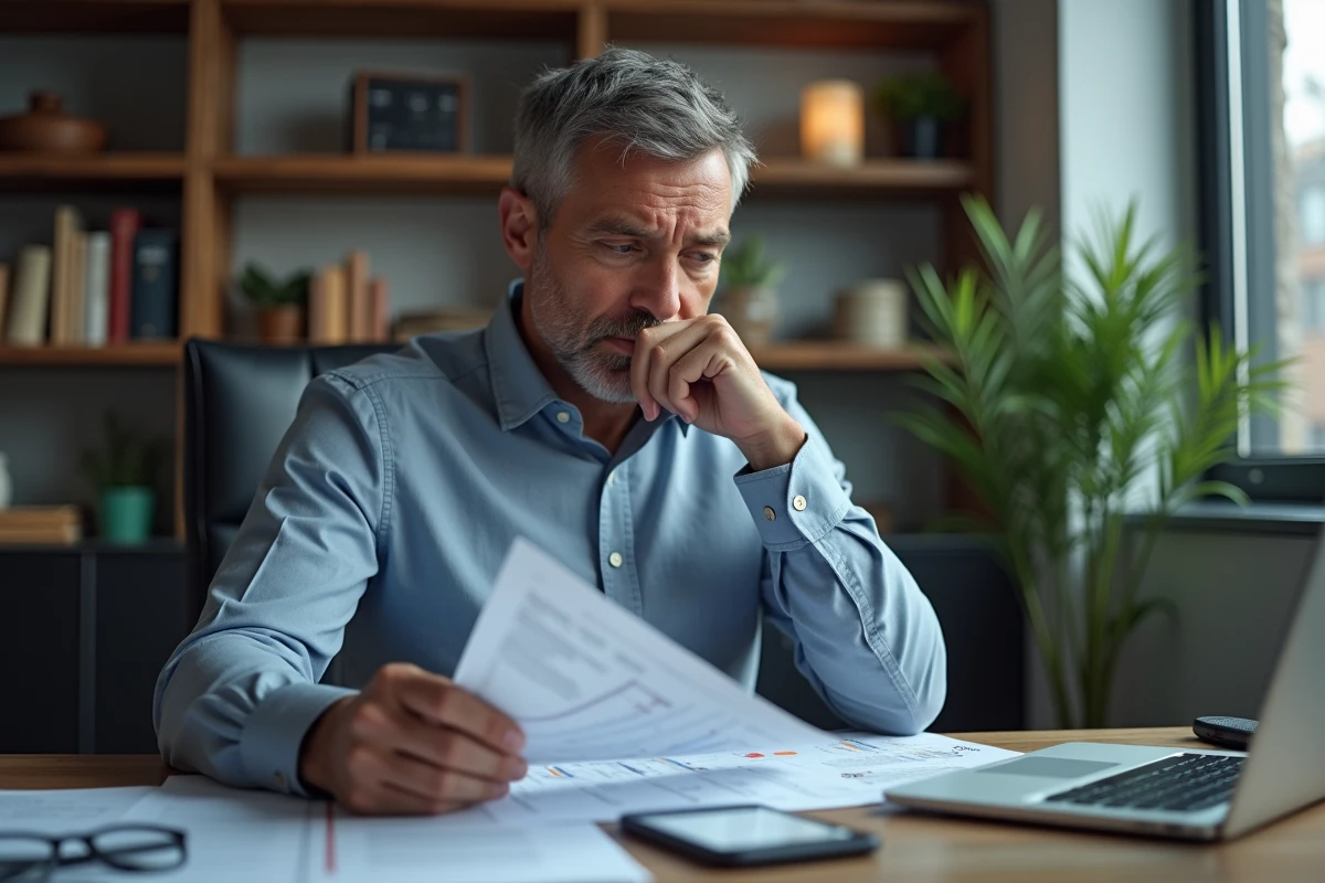 Homme d'affaires réfléchi dans un bureau moderne avec documents financiers