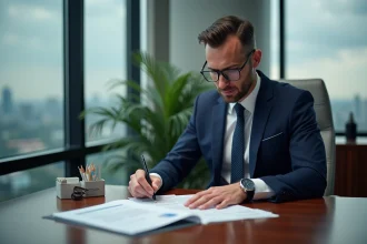 Homme d'affaires en costume bleu examine des documents financiers