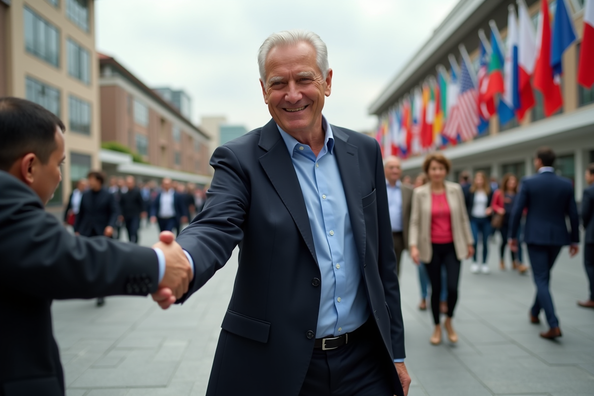Homme en costume serrant des mains dans une place anim&eacute;e