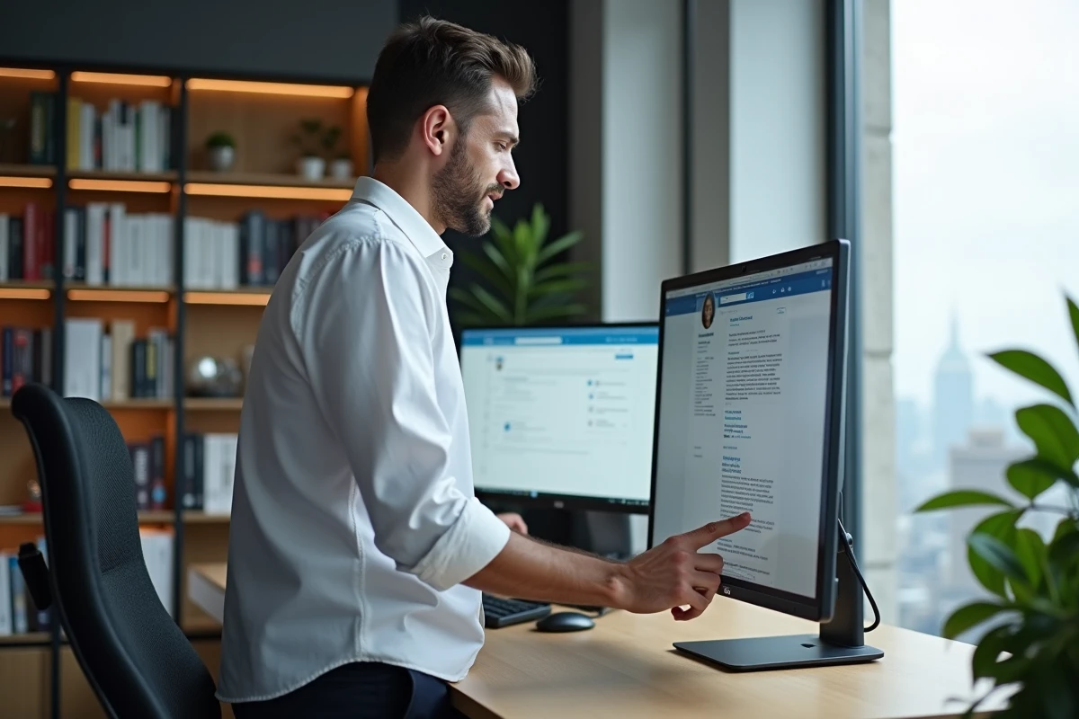 Homme d'affaires consultant sa stratégie de contenu LinkedIn avec texte en gras visible sur un grand écran dans un bureau à domicile moderne