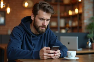 Homme consultant l'application mobile FDJ Jeux dans un café urbain moderne