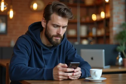 Homme consultant l'application mobile FDJ Jeux dans un café urbain moderne