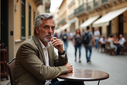 Homme méditerranéen détendu dans un café espagnol