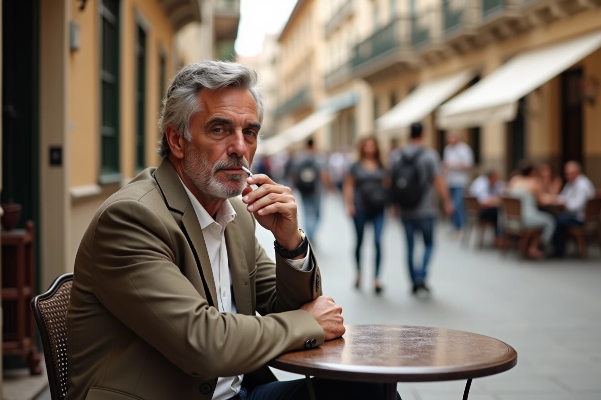 Homme méditerranéen détendu dans un café espagnol