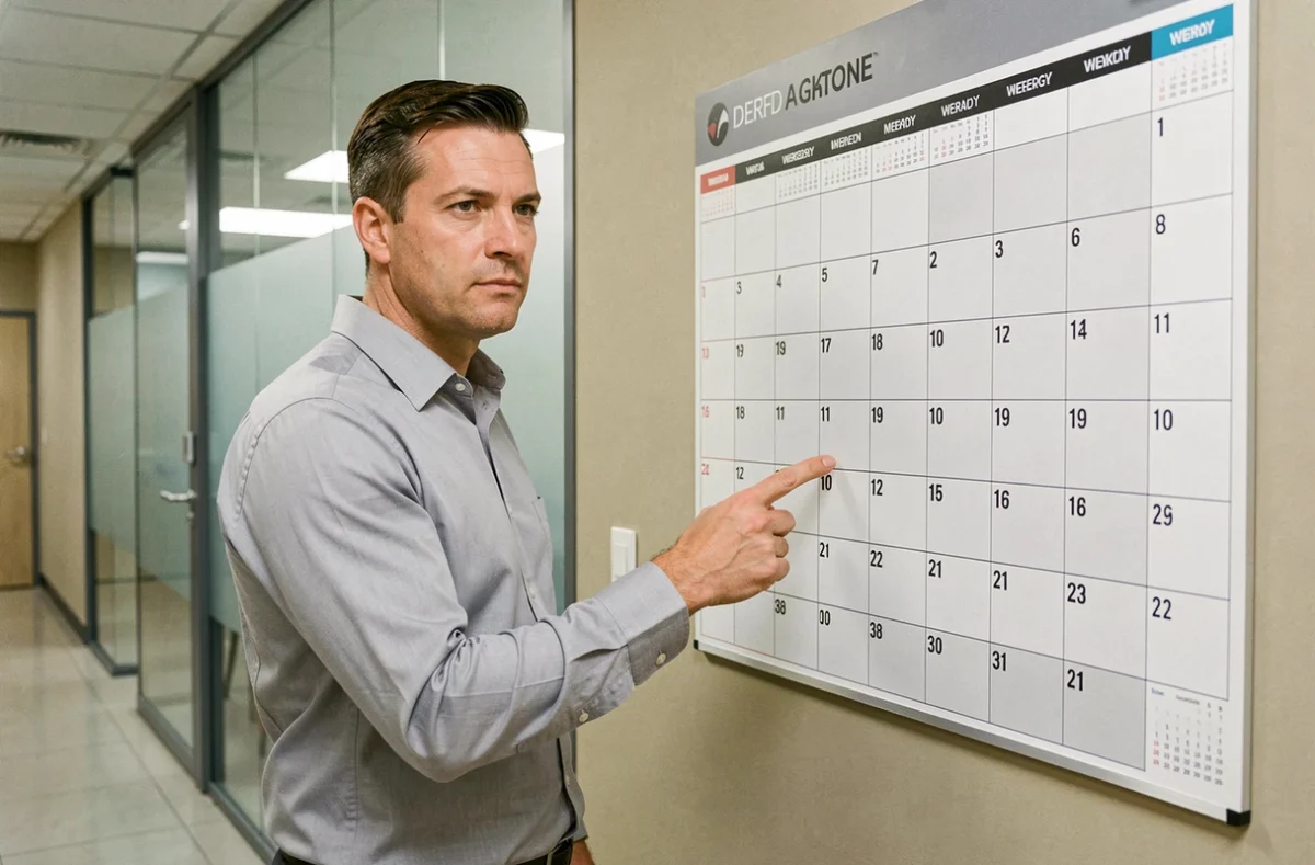 Homme en chemise grise désignant un calendrier de bureau mural pour expliquer le calcul des jours ouvrés et ouvrables dans un contrat de travail