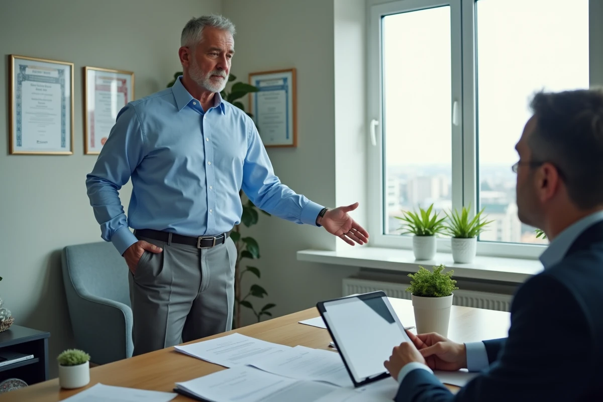 Conseiller financier explique options &agrave; un client dans son bureau