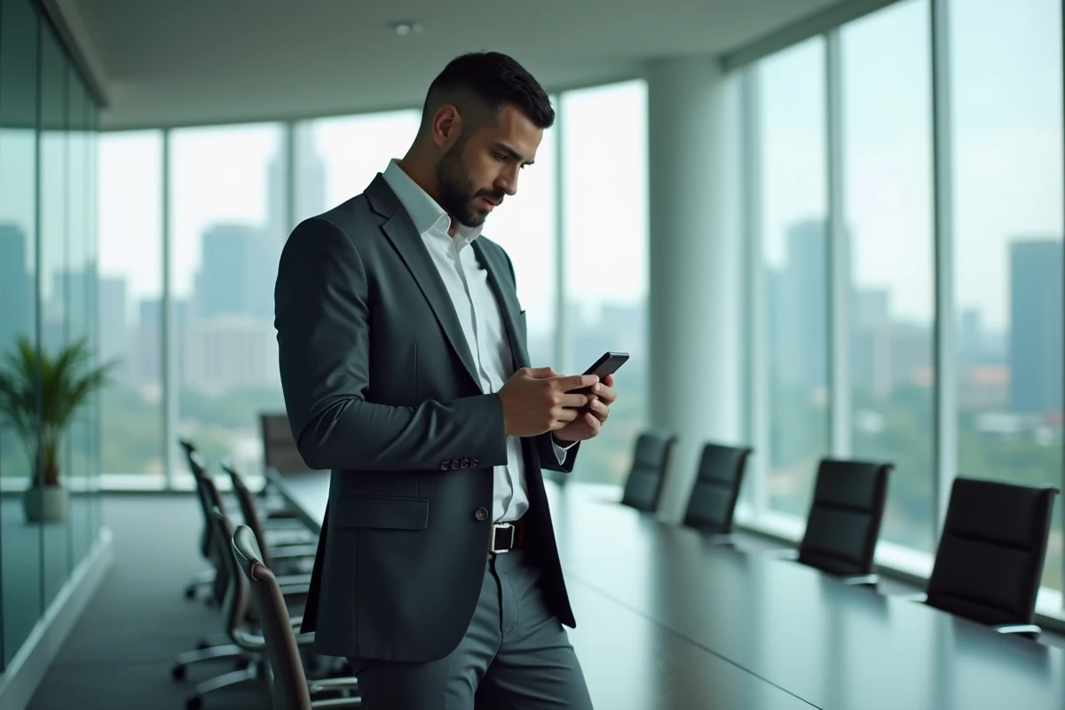 Homme en costume consultant une notification LinkedIn sur son smartphone dans une salle de réunion avec vue sur la ville