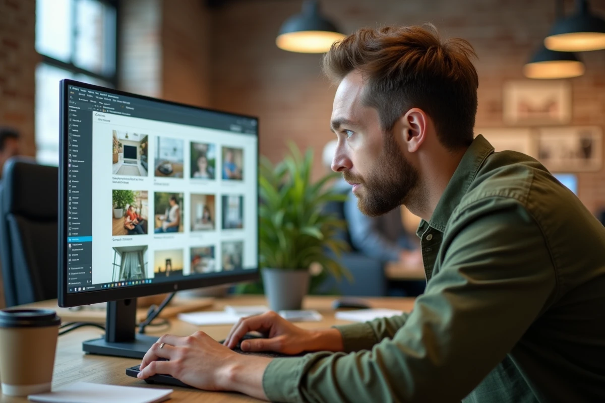 Homme en espace de coworking comparant les ressources disponibles sur Envato Elements en version gratuite et premium