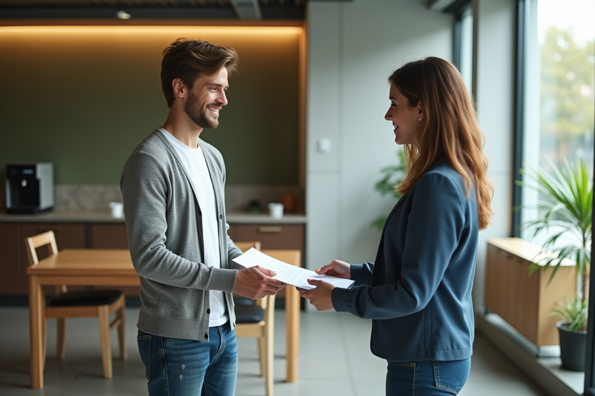 Jeune homme remettant une lettre de démission à une responsable en salle de pause