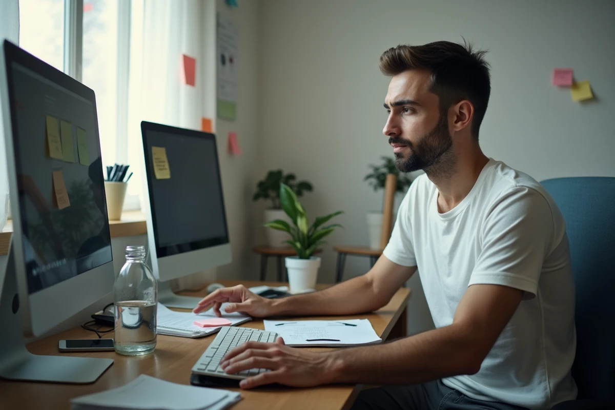 Homme freelance en home office face à deux écrans, ambiance de travail à distance sans qualification
