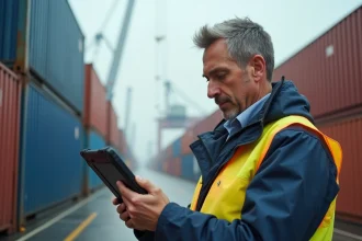 Homme en veste réfléchissante contrôle un tablette au port