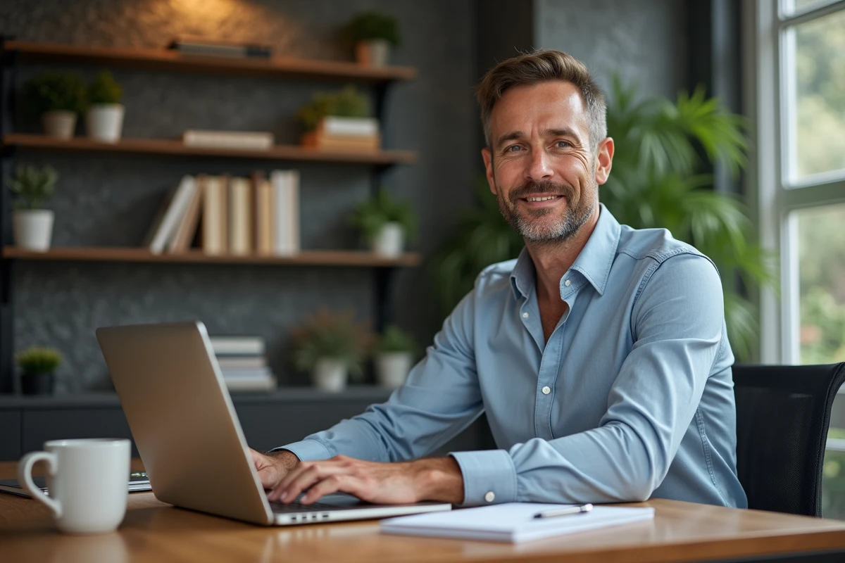 Homme professionnel en bureau moderne avec ordinateur