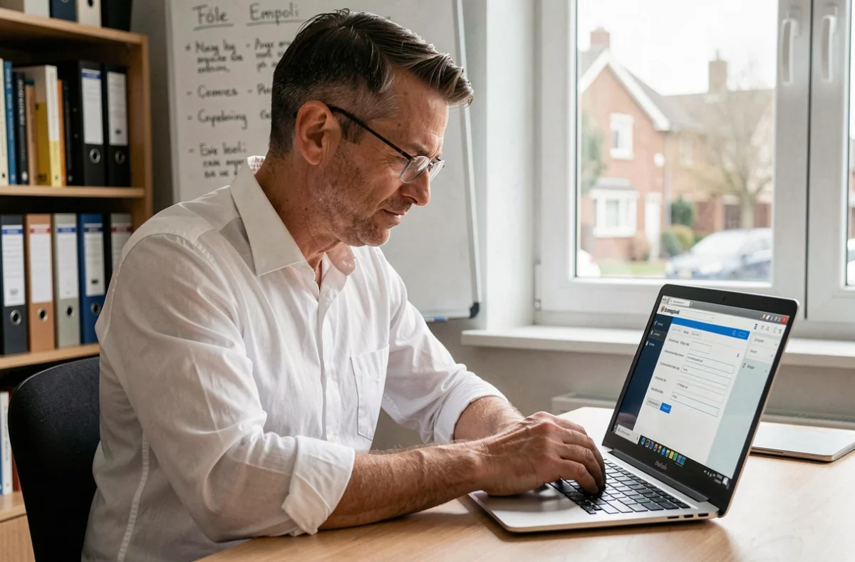 Homme renseignant les critères de recherche d'emploi en ligne depuis son bureau à domicile