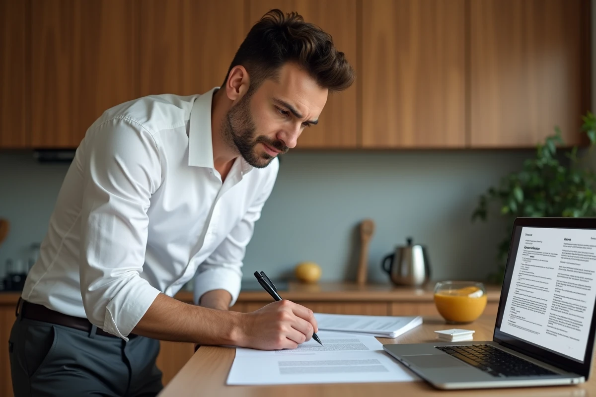 Homme signant un document dans la cuisine