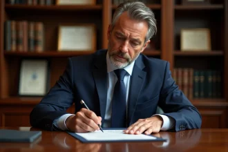 Homme d'affaires signe un document officiel dans son bureau