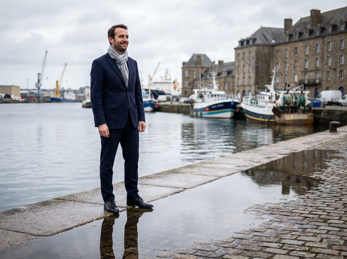 Homme souriant en costume à Brest au port