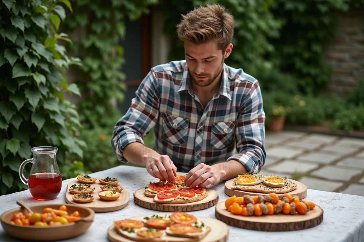 Jeune homme préparant une tartine avec des fruits déshydratés en extérieur
