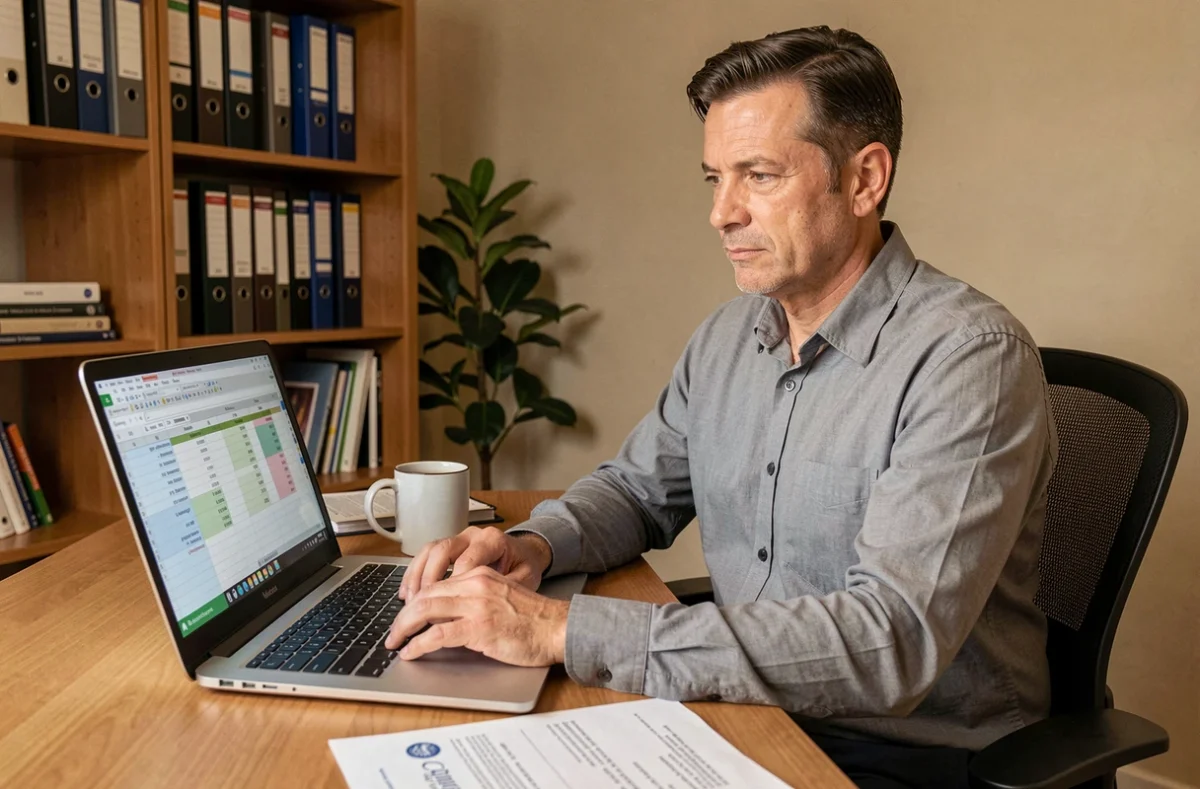 Homme en télétravail consultant un tableau Excel de calcul de jours travaillés avec son contrat de travail