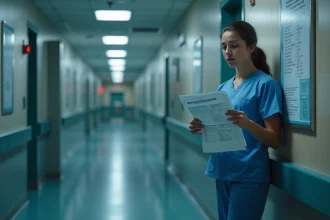 Infirmière de nuit consultant ses fiches de paie dans un couloir d'hôpital, illustrant le travail de nuit et les droits salariaux