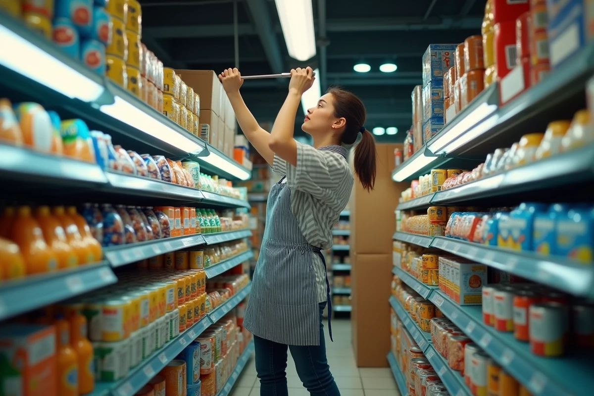 Employée installant un miroir de surveillance dans les rayons d'un petit commerce