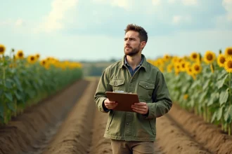 Jeune agriculteur debout dans un champ de tournesols tenant un clipboard, symbolisant la prise en main de sa coopérative agricole dès l'installation