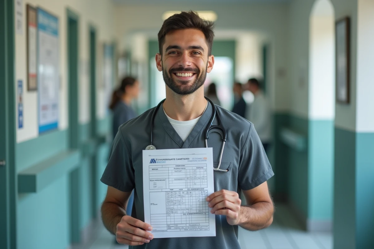 Jeune AMP souriant avec un document de salaire dans un couloir