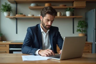 Jeune entrepreneur en costume dans un homeoffice moderne