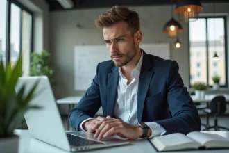 Jeune entrepreneur en costume navy travaillant sur une police digitale