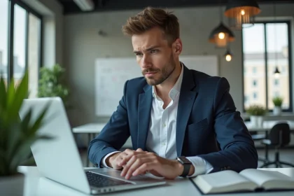 Jeune entrepreneur en costume navy travaillant sur une police digitale