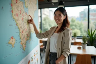 Jeune femme entrepreneure pointant une carte immobiliere dans un espace de coworking