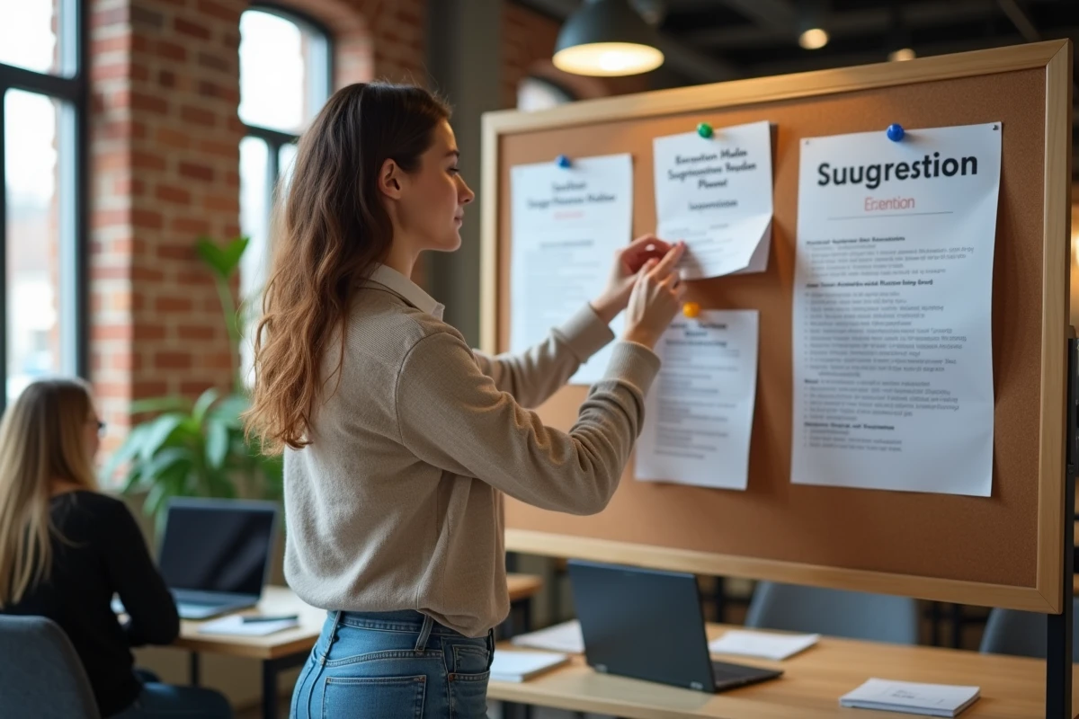 Jeune femme pinçant une suggestion sur un tableau d