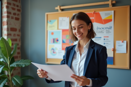 Jeune femme avec blazer examine une affiche dans un bureau créatif
