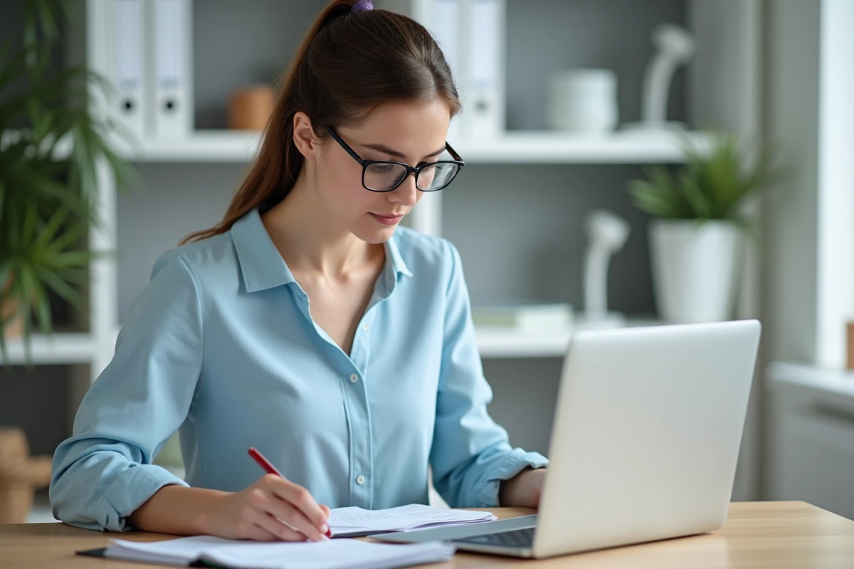 Jeune femme au bureau consulte des factures et travaille