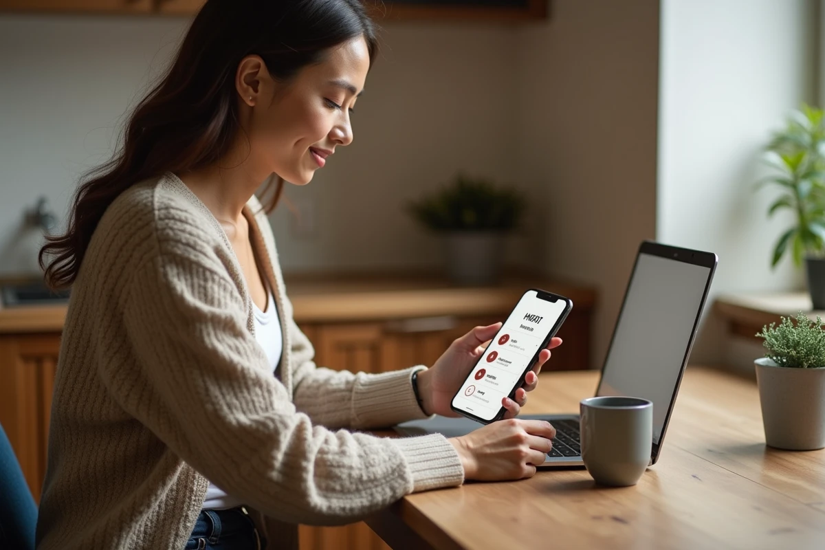 Jeune femme consultant ses fiches de paie et documents RH sur mobile depuis son domicile