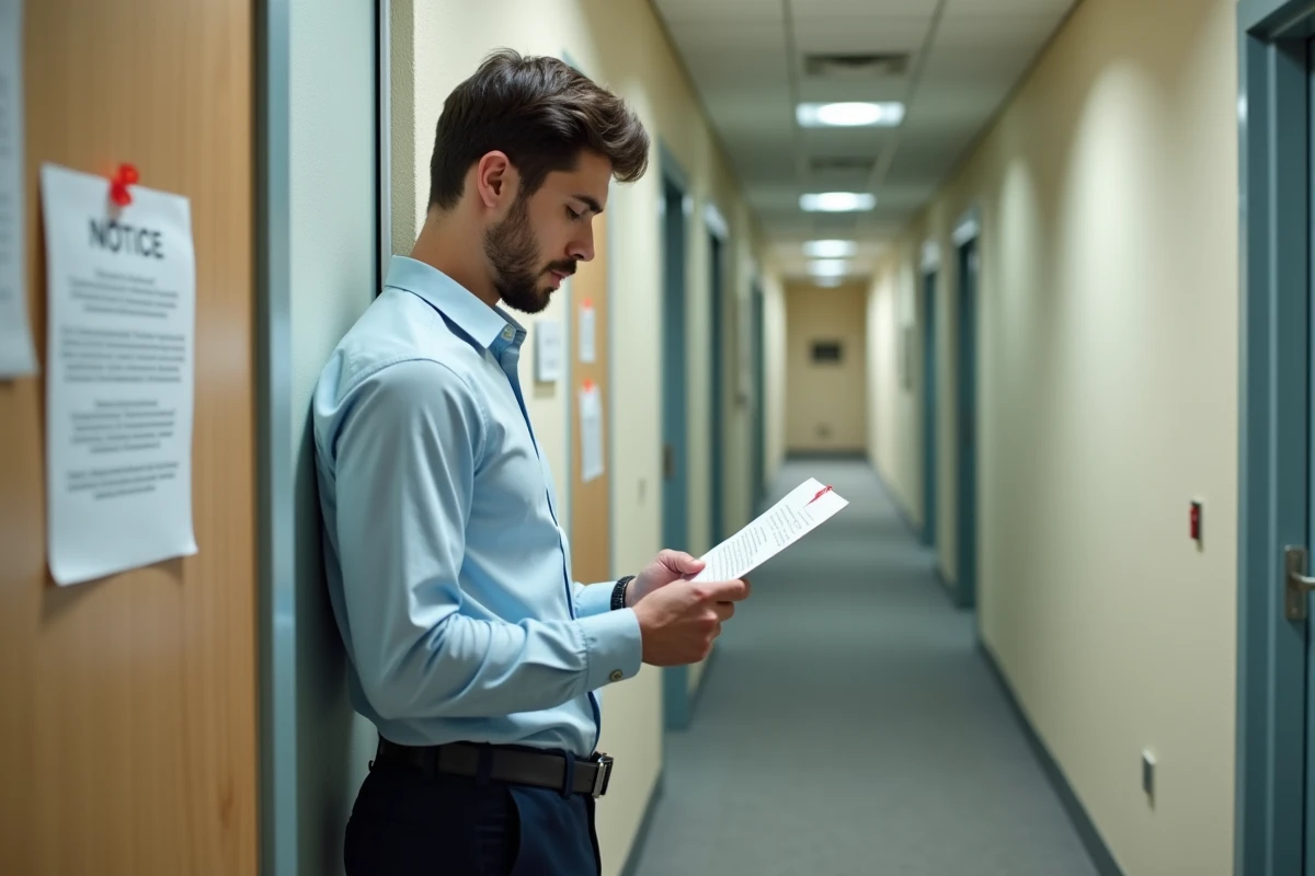 Jeune homme lisant une affiche dans un couloir de bureau