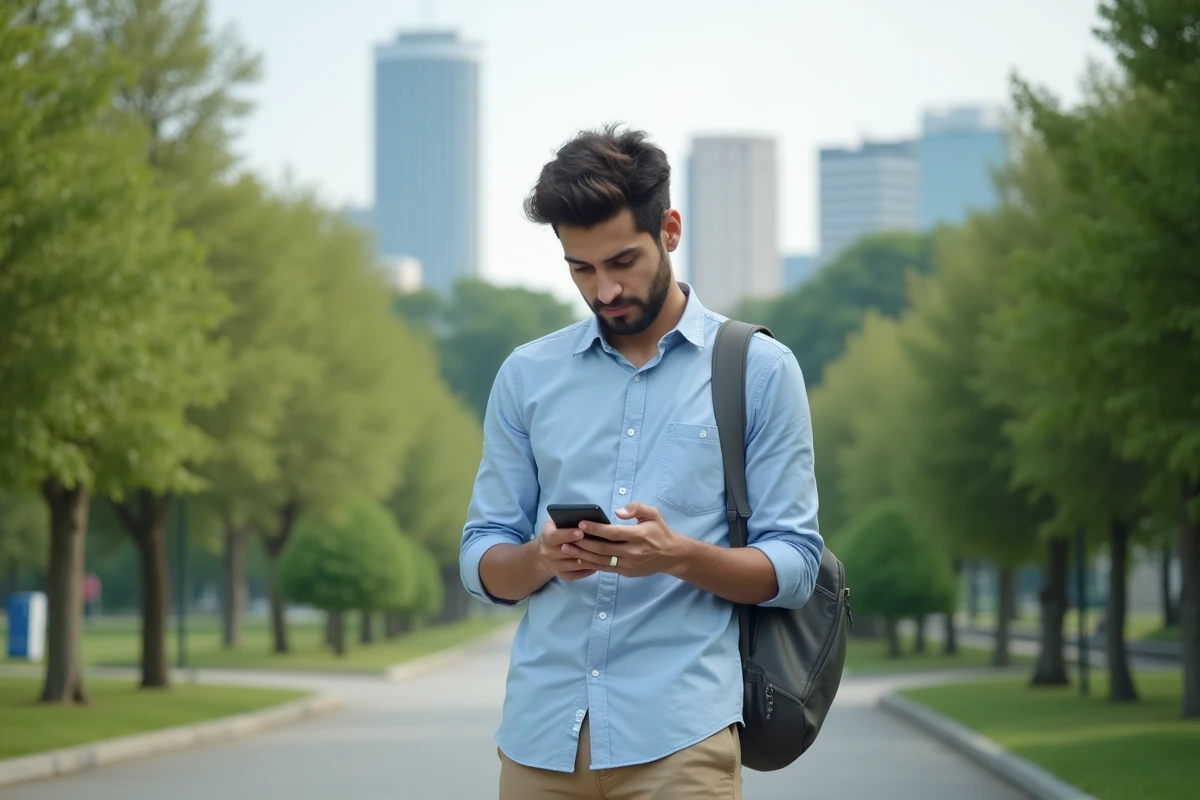 Jeune homme dans un parc urbain avec son smartphone
