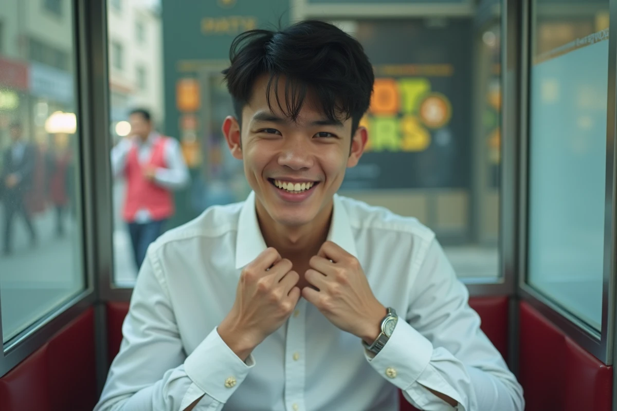 Jeune homme dans un photobooth urbain en train de s